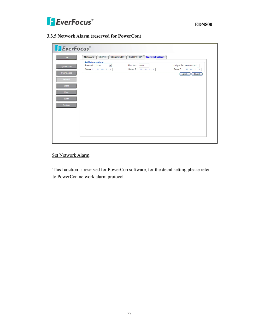 EverFocus user manual EDN800 Network Alarm reserved for PowerCon 