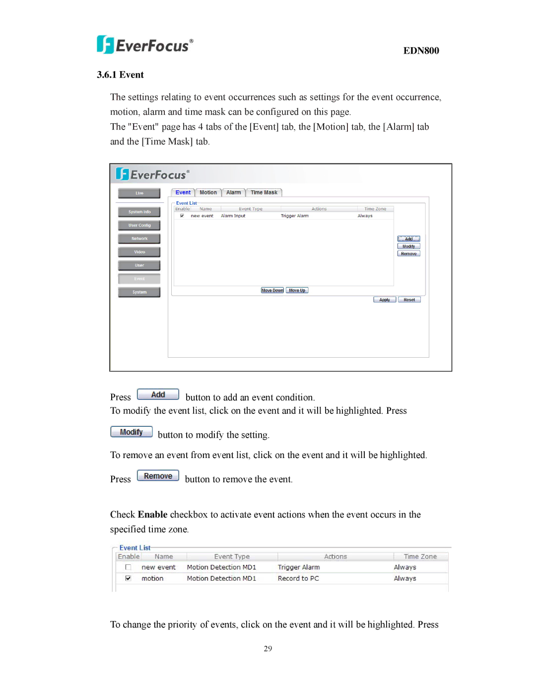 EverFocus user manual EDN800 Event 