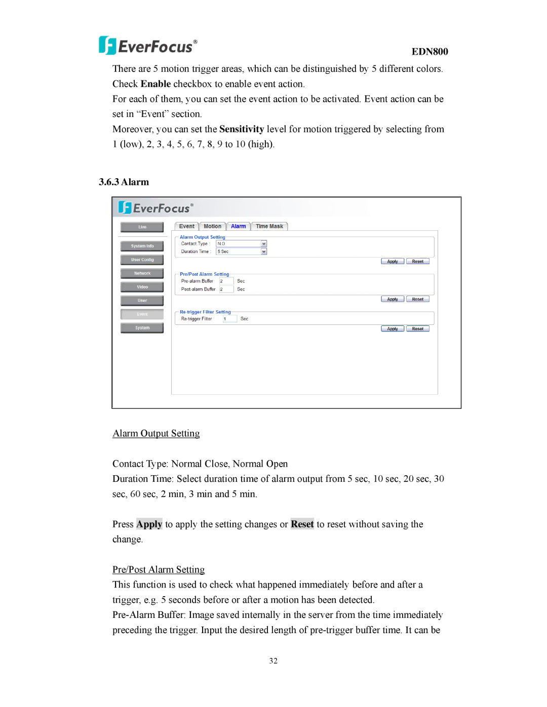 EverFocus EDN800 user manual Alarm 