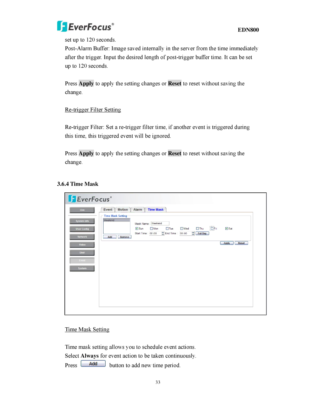 EverFocus EDN800 user manual Time Mask 