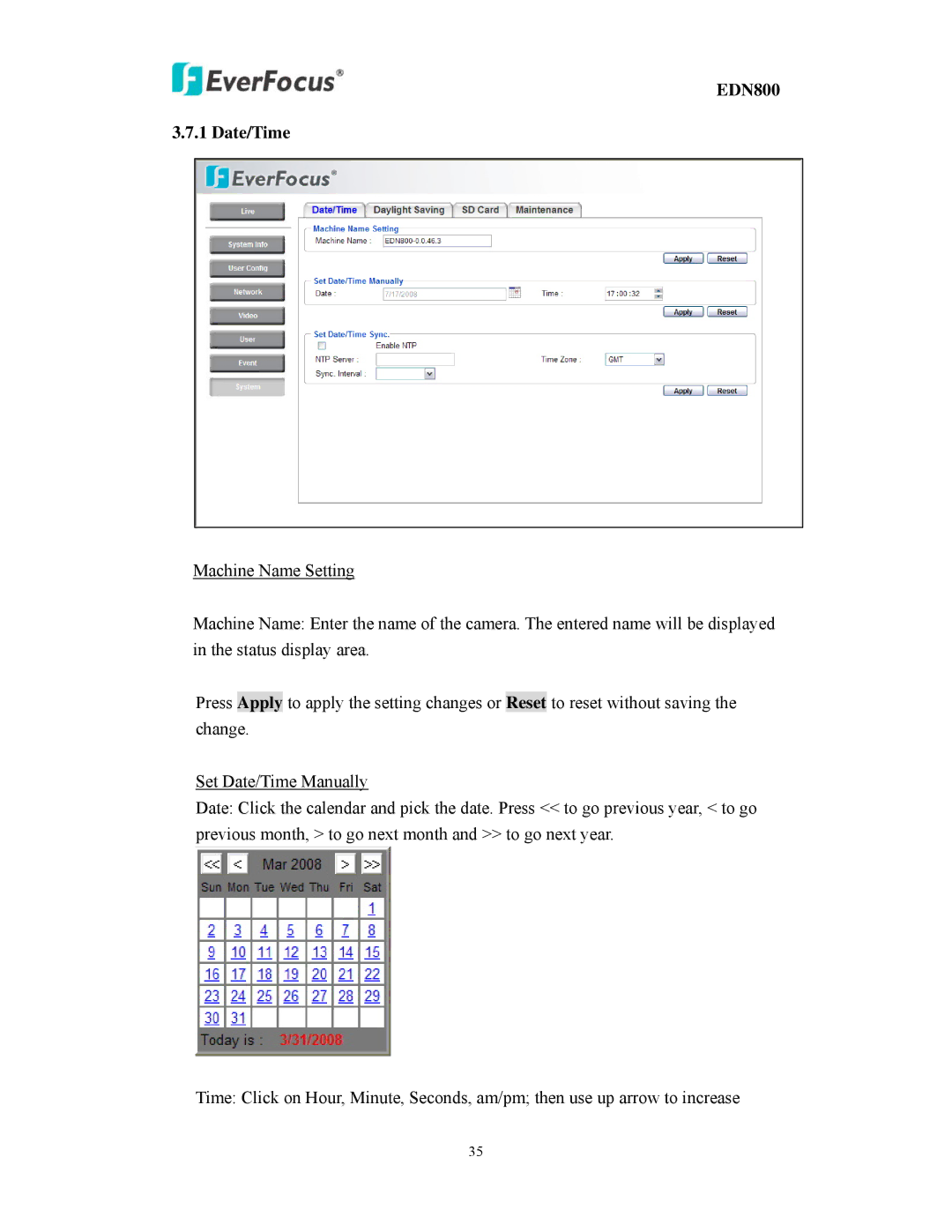 EverFocus user manual EDN800 Date/Time 