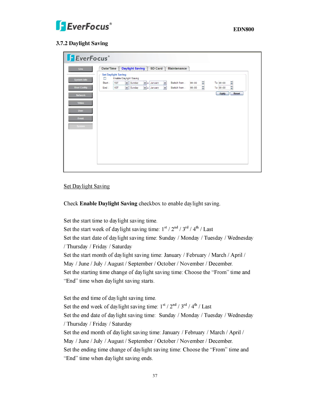 EverFocus user manual EDN800 Daylight Saving 