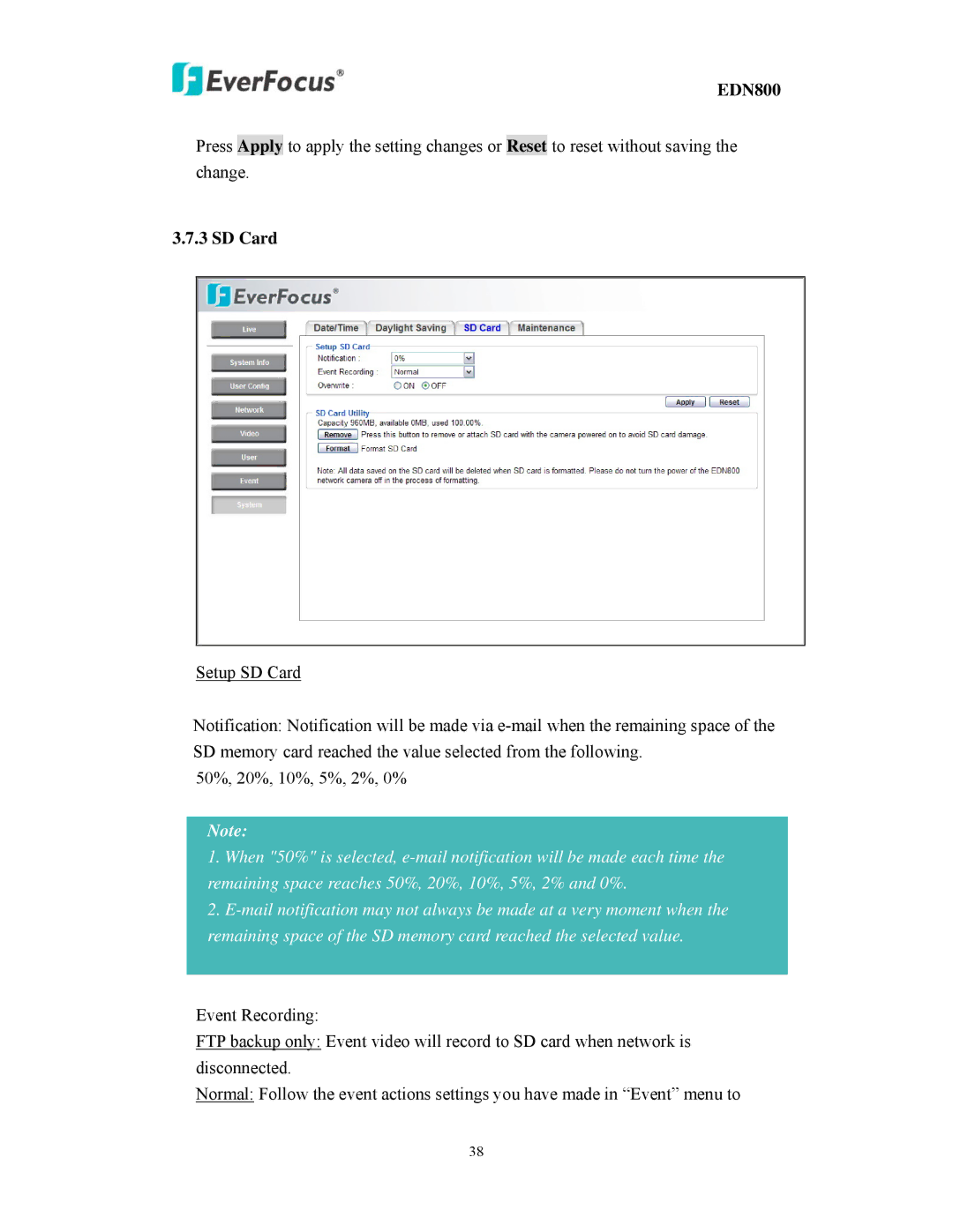 EverFocus EDN800 user manual SD Card 