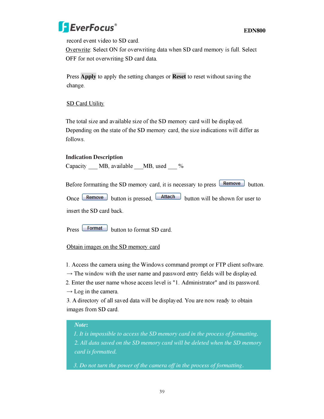 EverFocus EDN800 user manual Indication Description 