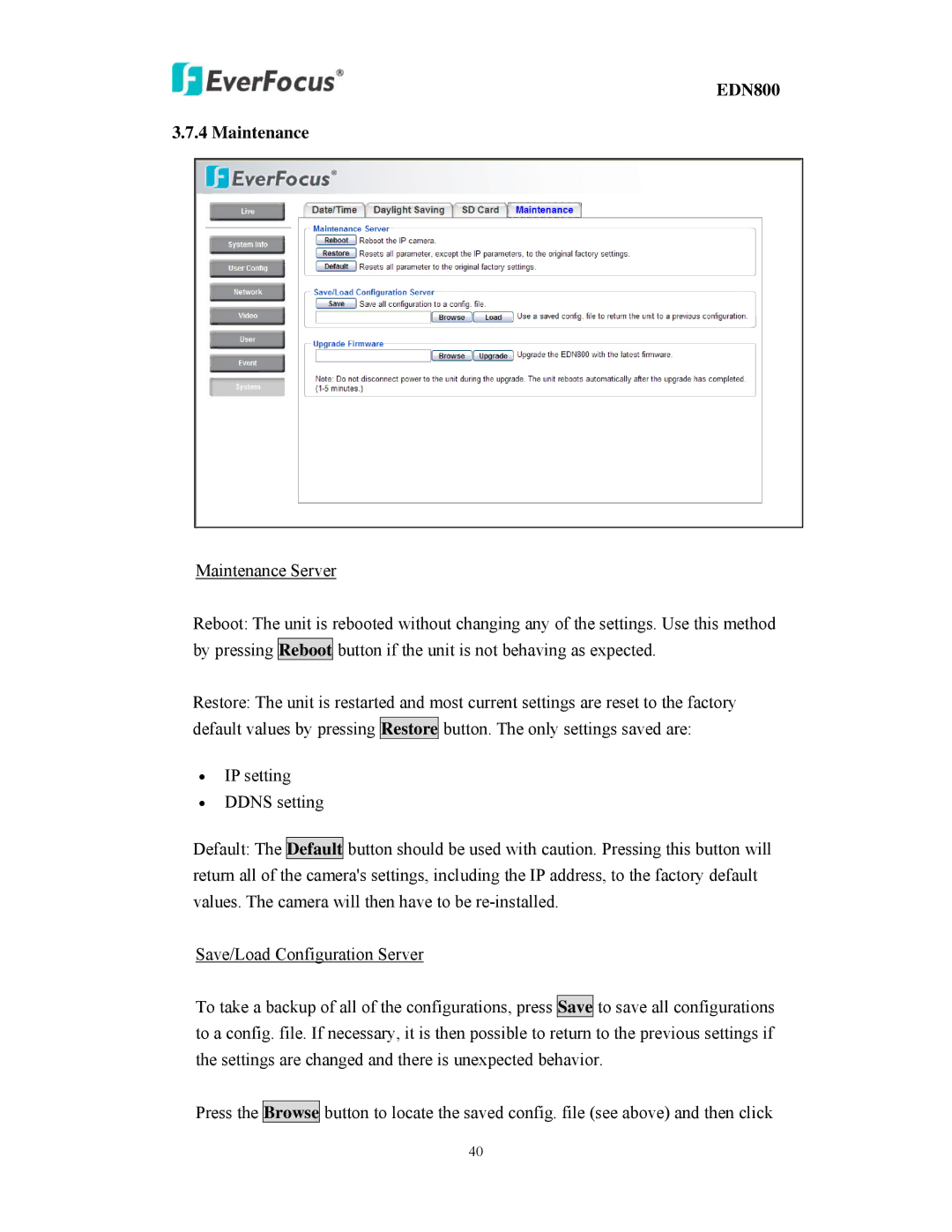 EverFocus user manual EDN800 Maintenance, Browse 