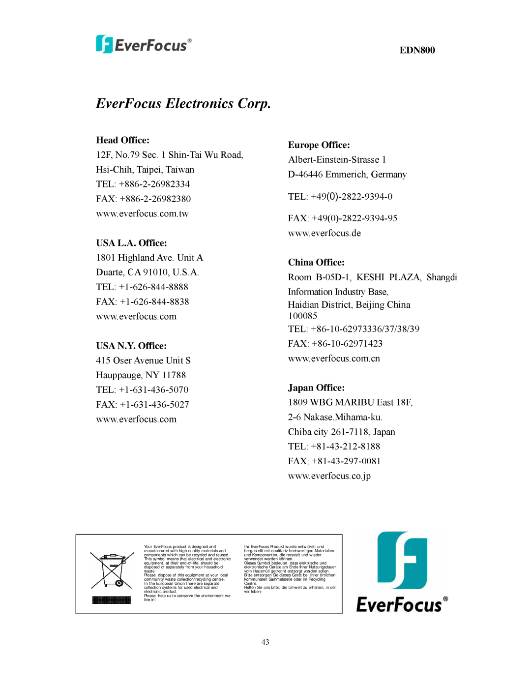 EverFocus EDN800 user manual Head Office, USA L.A. Office USA N.Y. Office Europe Office, China Office, Japan Office 