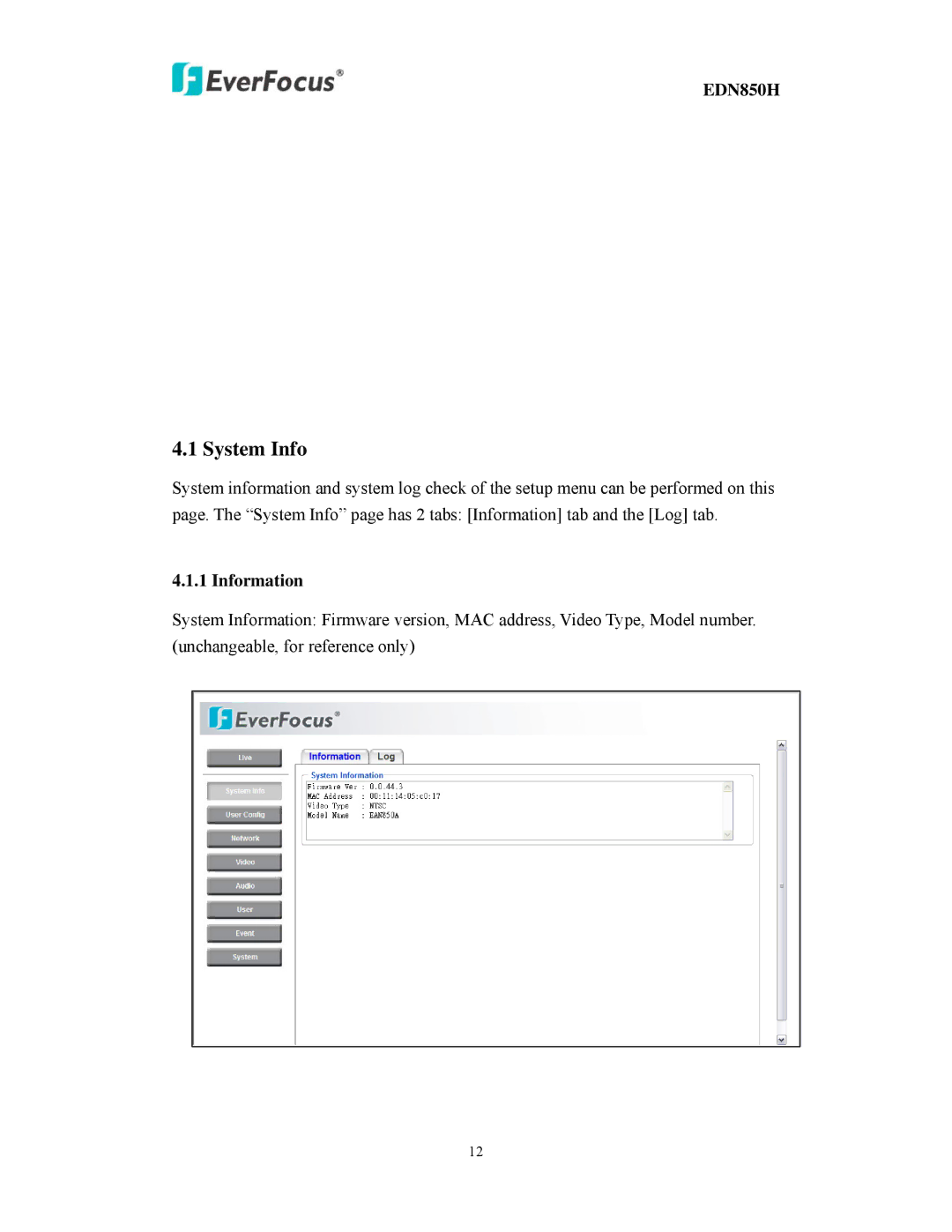 EverFocus EDN850H user manual System Info, Information 