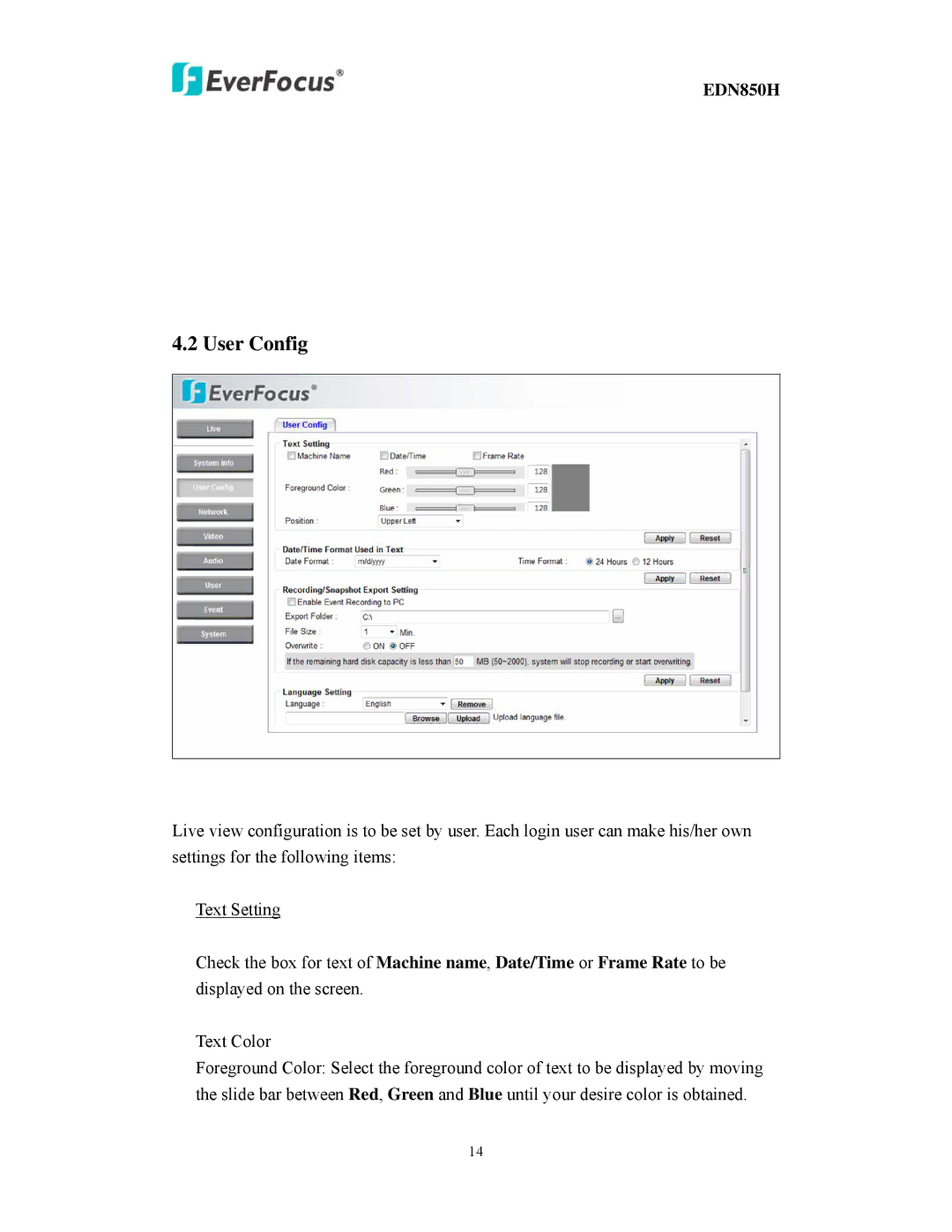 EverFocus EDN850H user manual User Config 