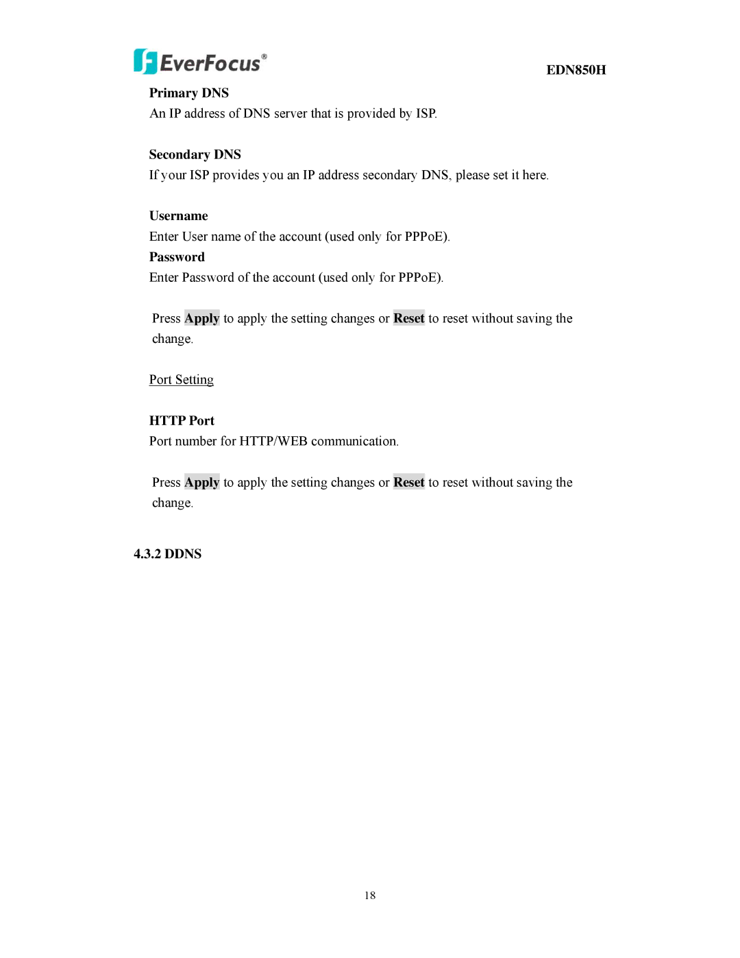 EverFocus user manual EDN850H Primary DNS, Secondary DNS, Username, Password, Http Port, Ddns 