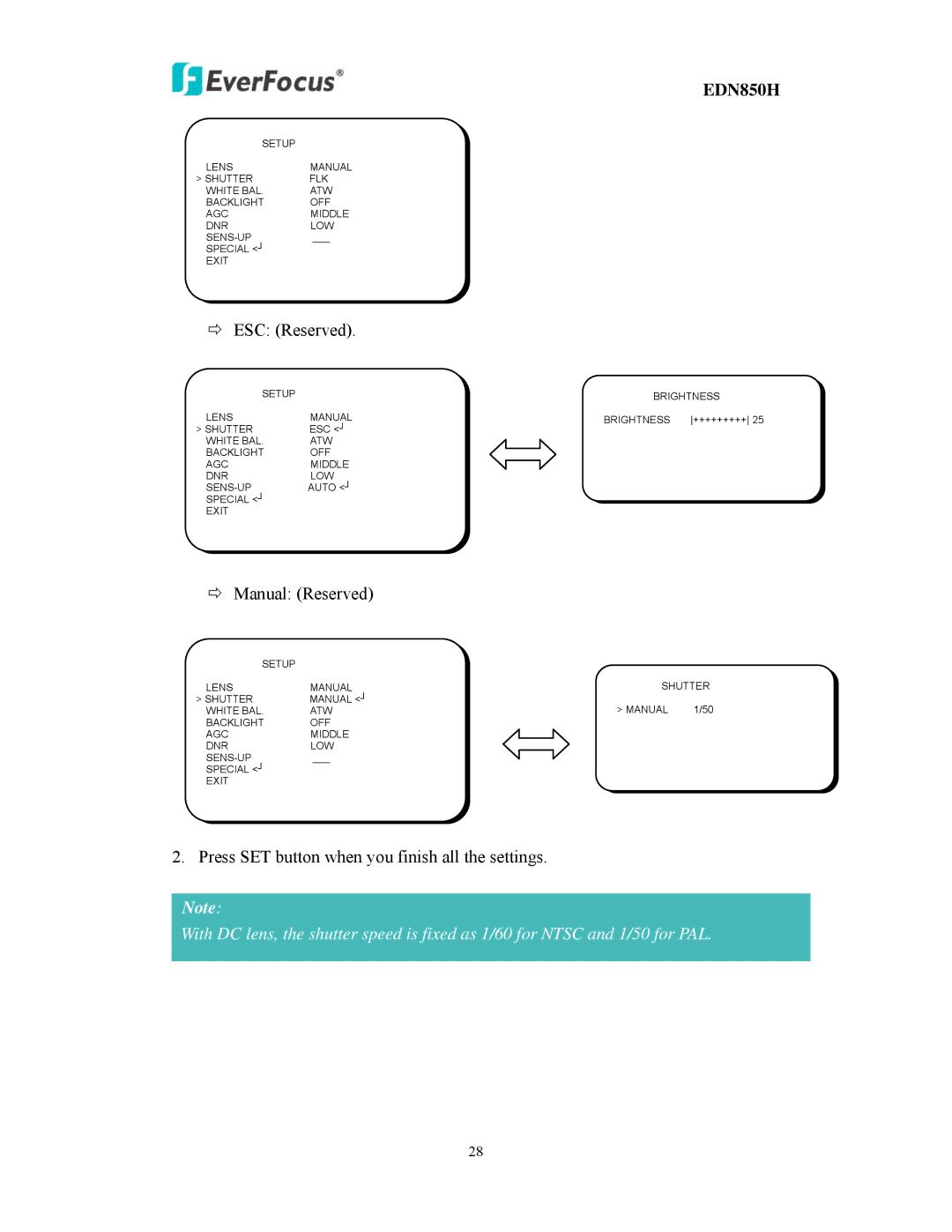 EverFocus EDN850H user manual Press SET button when you finish all the settings 
