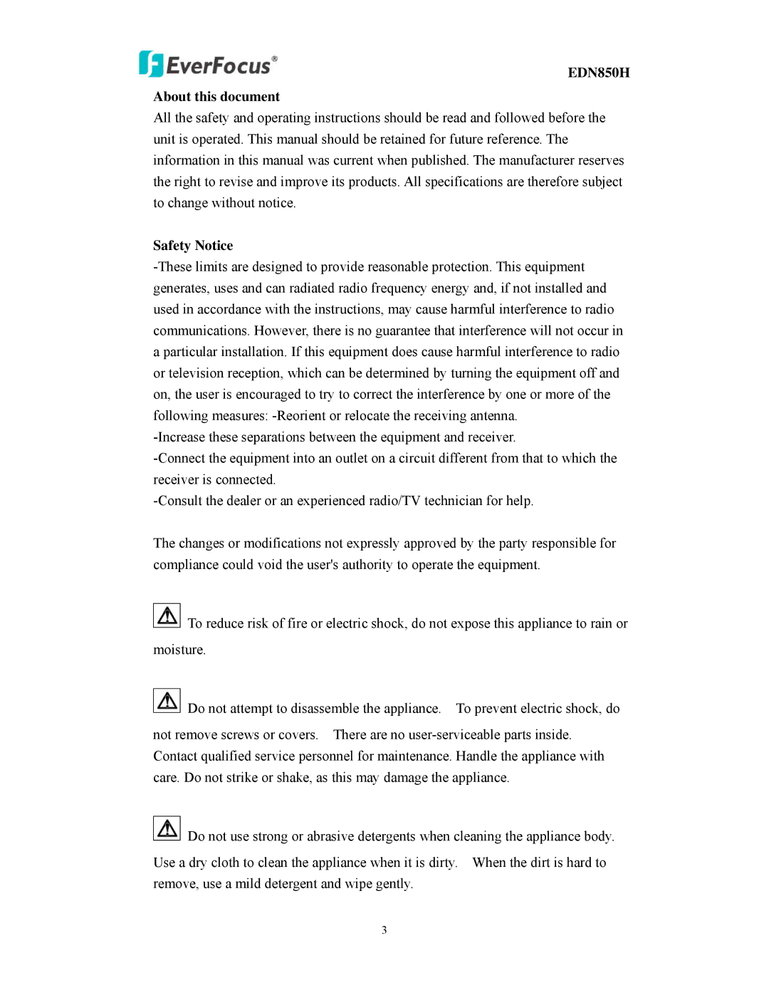 EverFocus user manual EDN850H About this document, Safety Notice 