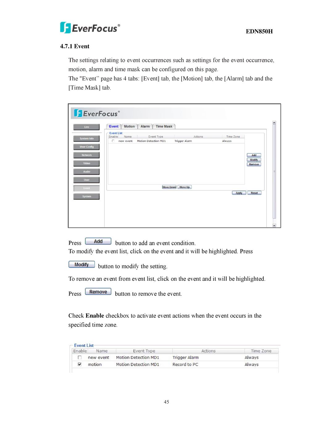 EverFocus EDN850H user manual Event 