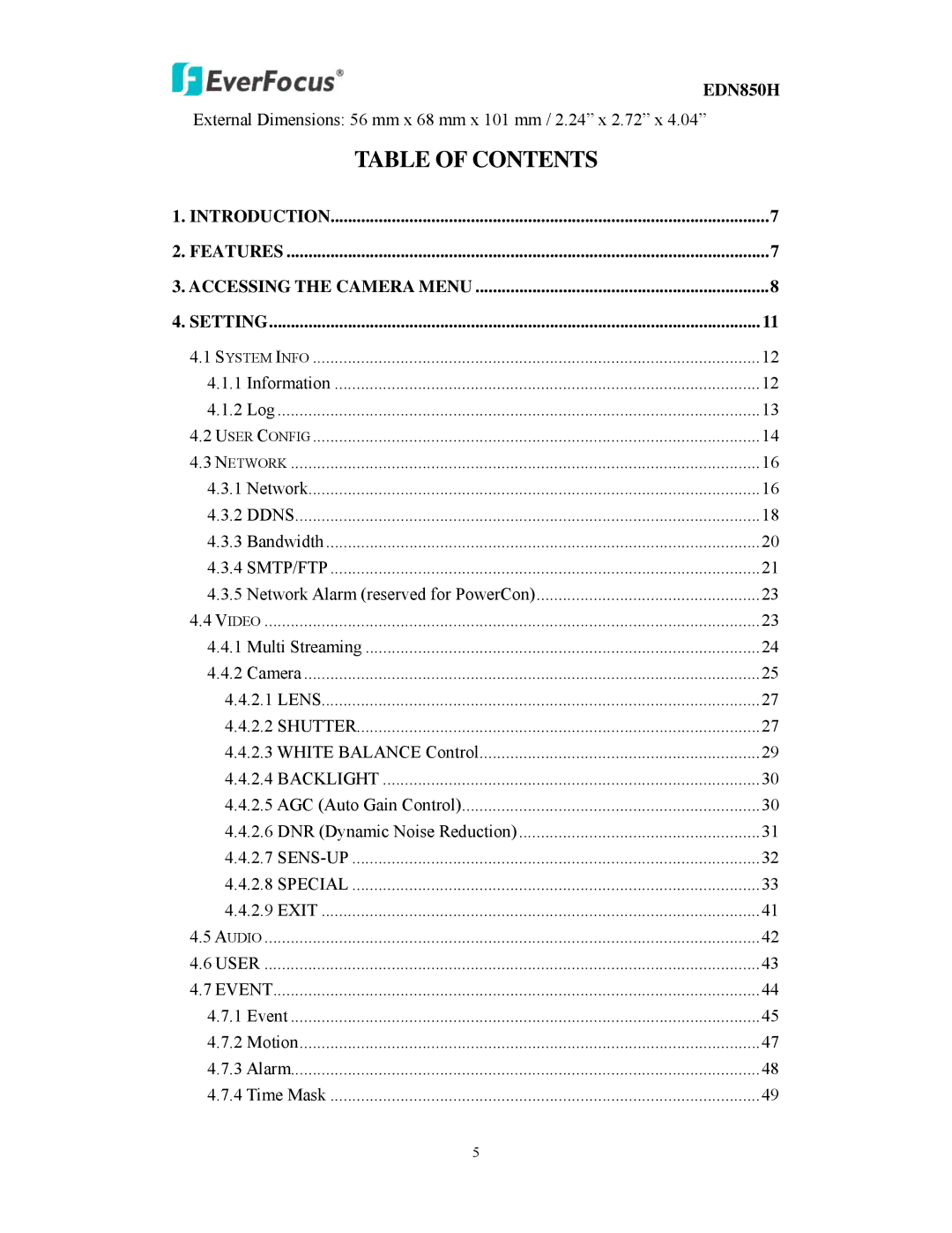 EverFocus EDN850H user manual Table of Contents 