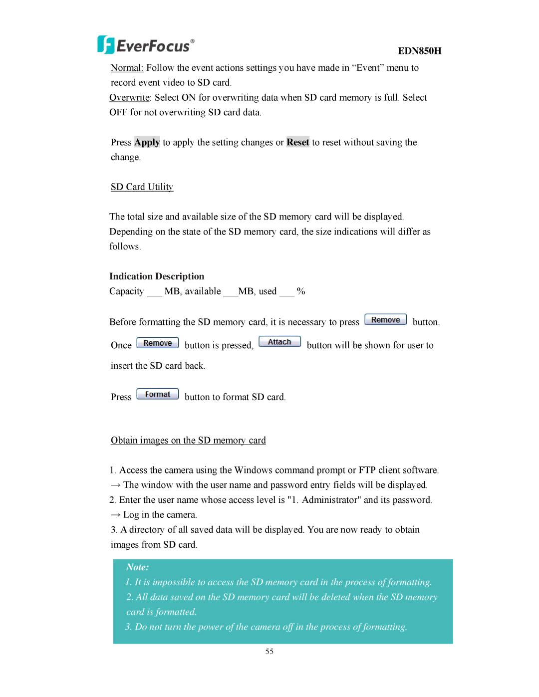 EverFocus EDN850H user manual Indication Description 