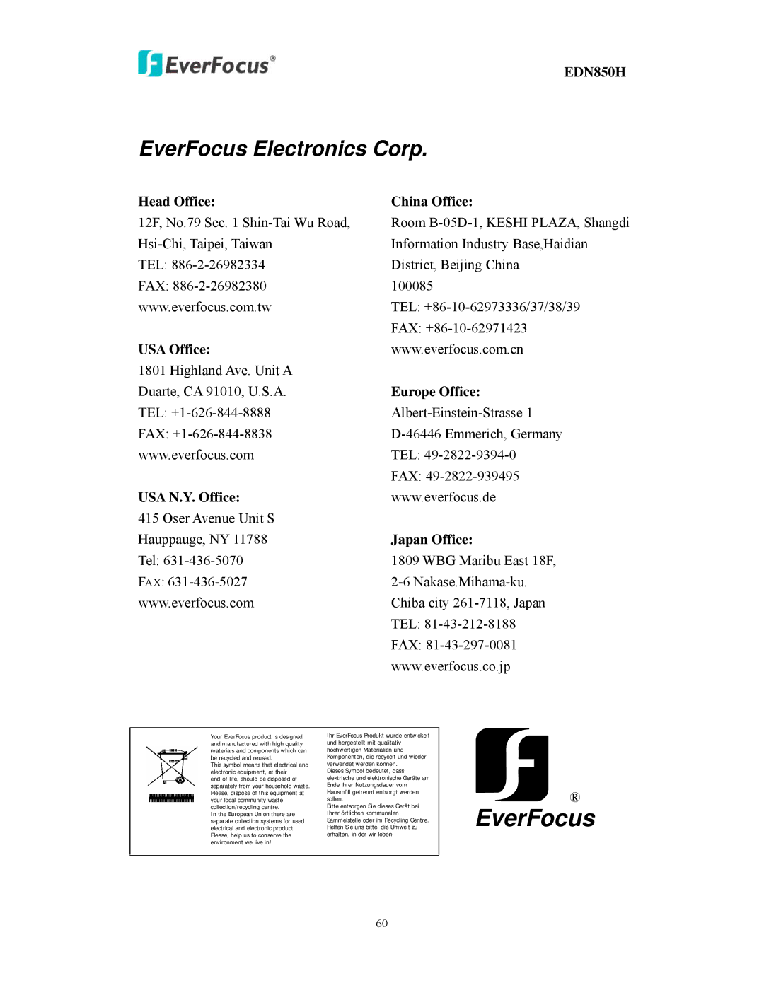 EverFocus EDN850H user manual Head Office China Office, USA Office, Europe Office, USA N.Y. Office, Japan Office 