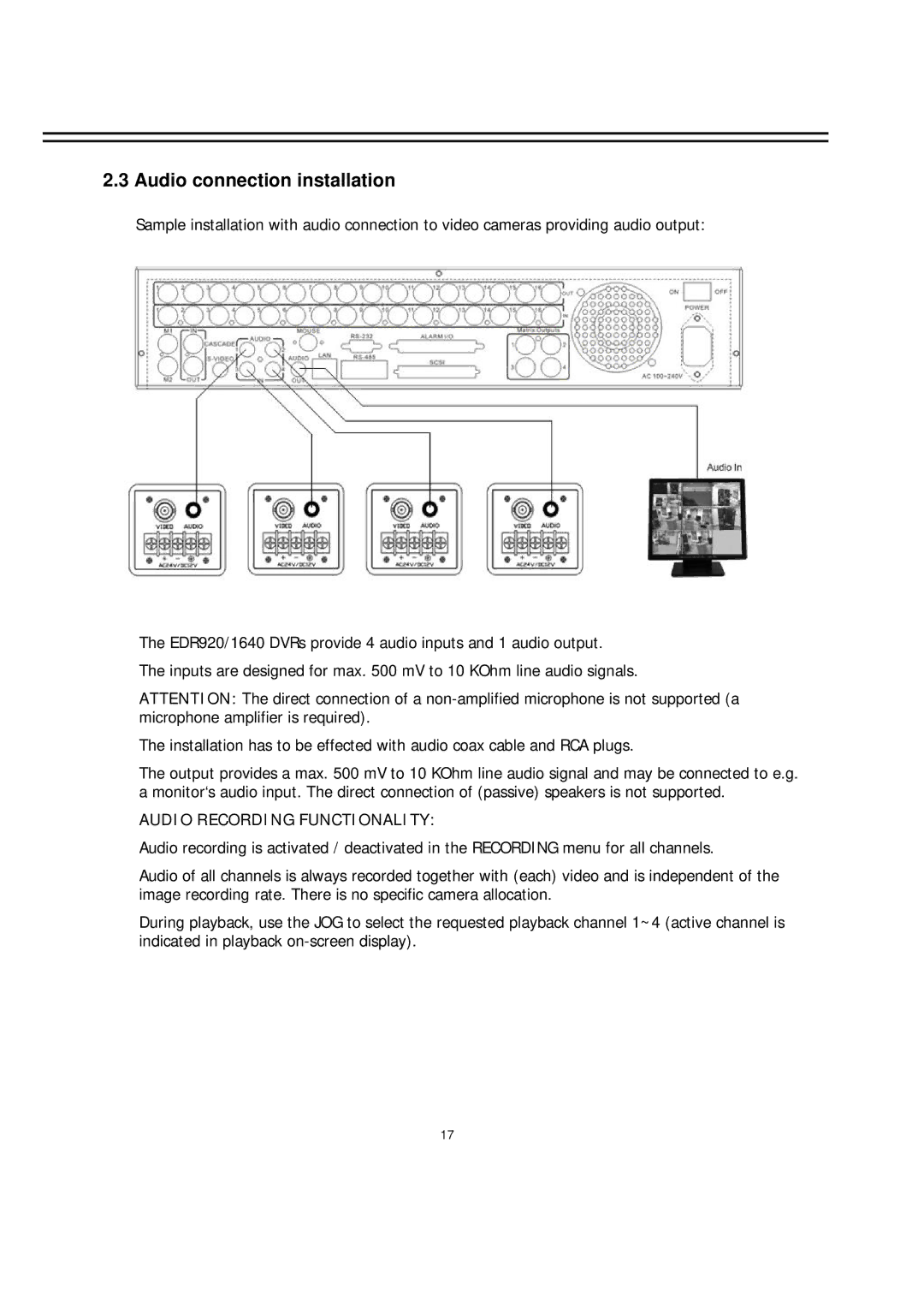 EverFocus EDR-1640, EDR-920 manual Audio connection installation, Audio Recording Functionality 