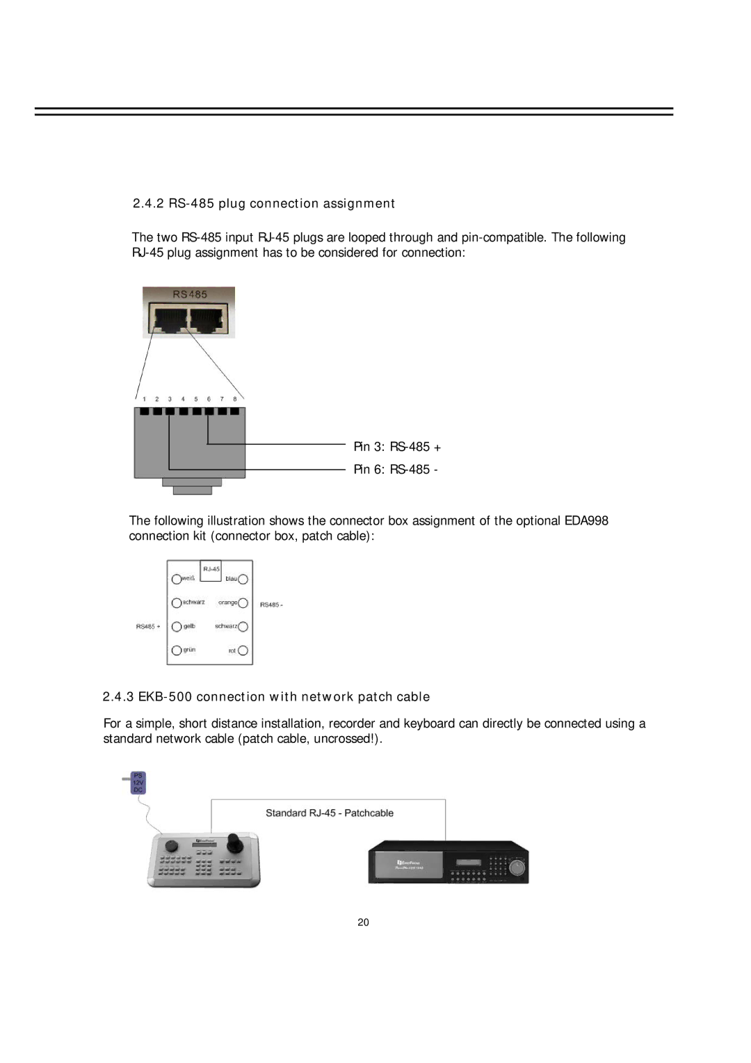 EverFocus EDR-920, EDR-1640 manual 2 RS-485 plug connection assignment, EKB-500 connection with network patch cable 