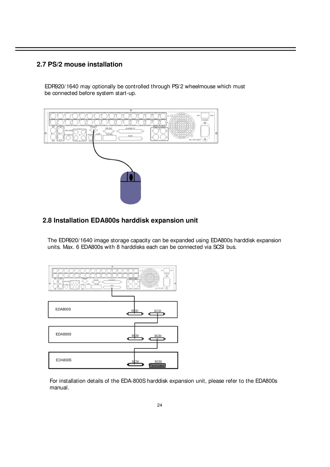 EverFocus EDR-920, EDR-1640 manual PS/2 mouse installation, Installation EDA800s harddisk expansion unit 