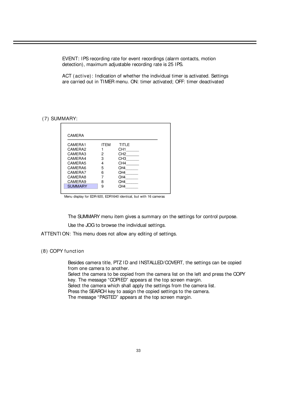 EverFocus EDR-1640, EDR-920 manual Summary, Copy function 