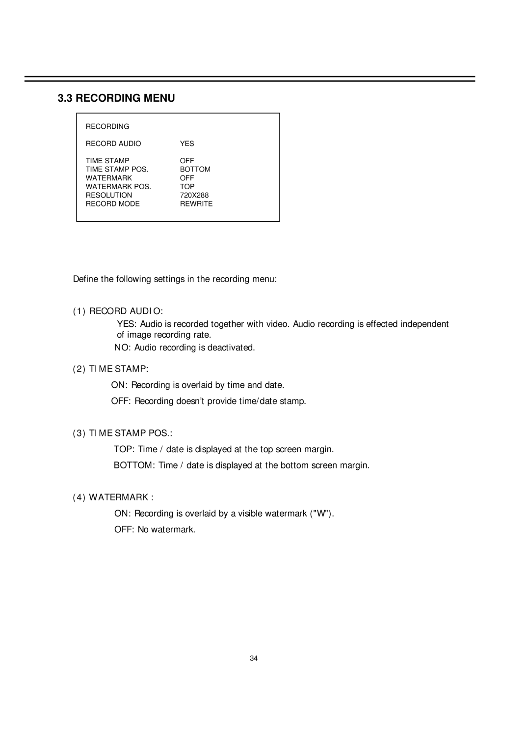 EverFocus EDR-920, EDR-1640 manual Recording Menu, Record Audio, Time Stamp POS, Watermark 