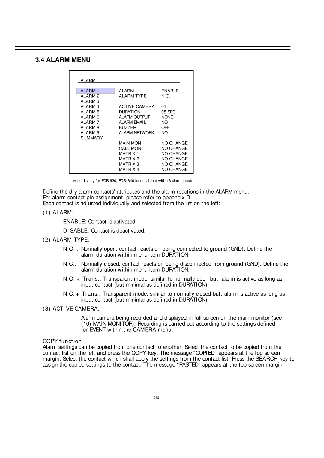 EverFocus EDR-920, EDR-1640 manual Alarm Menu, Alarm Type, Active Camera 