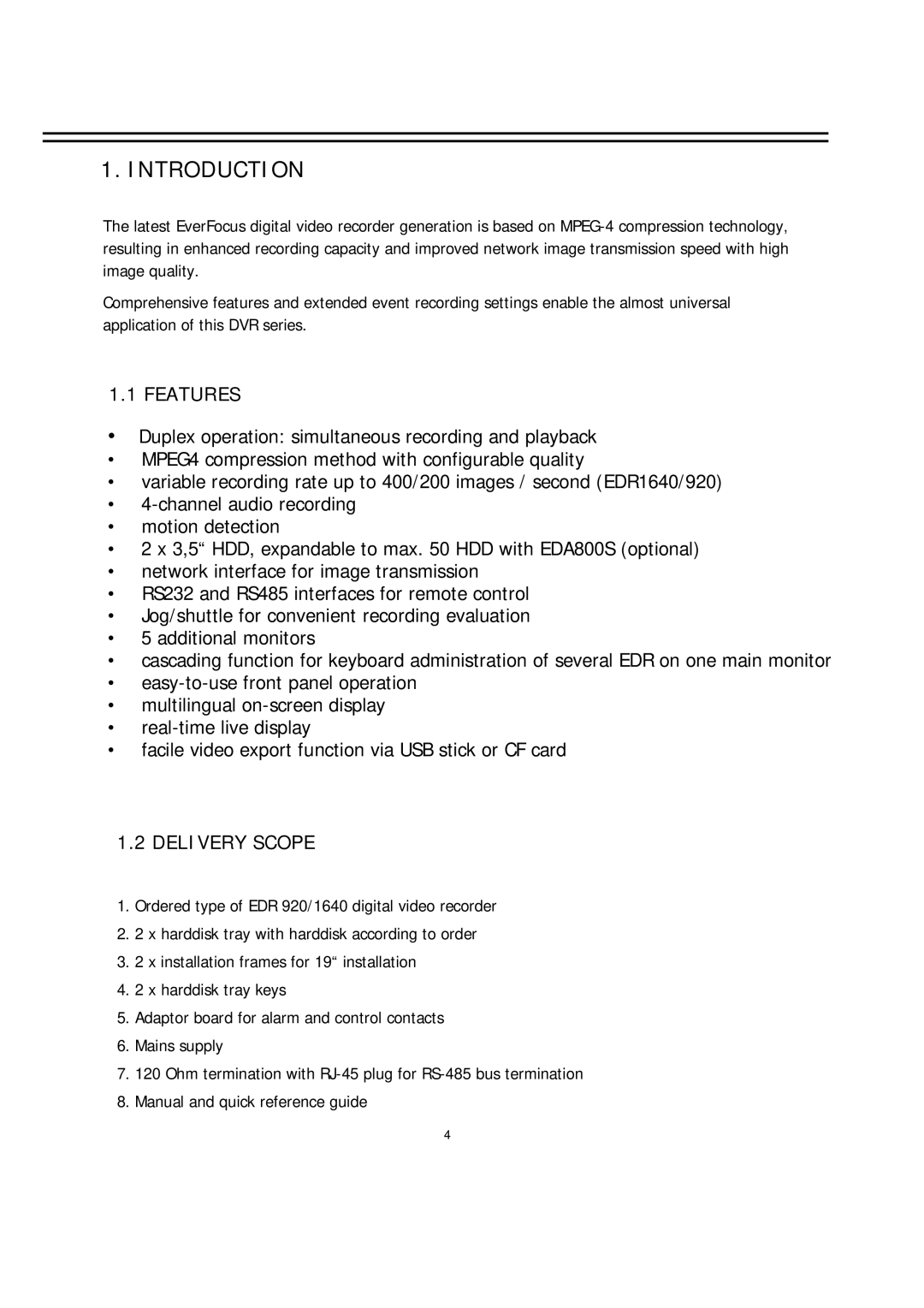 EverFocus EDR-920, EDR-1640 manual Introduction, Features, Delivery Scope 