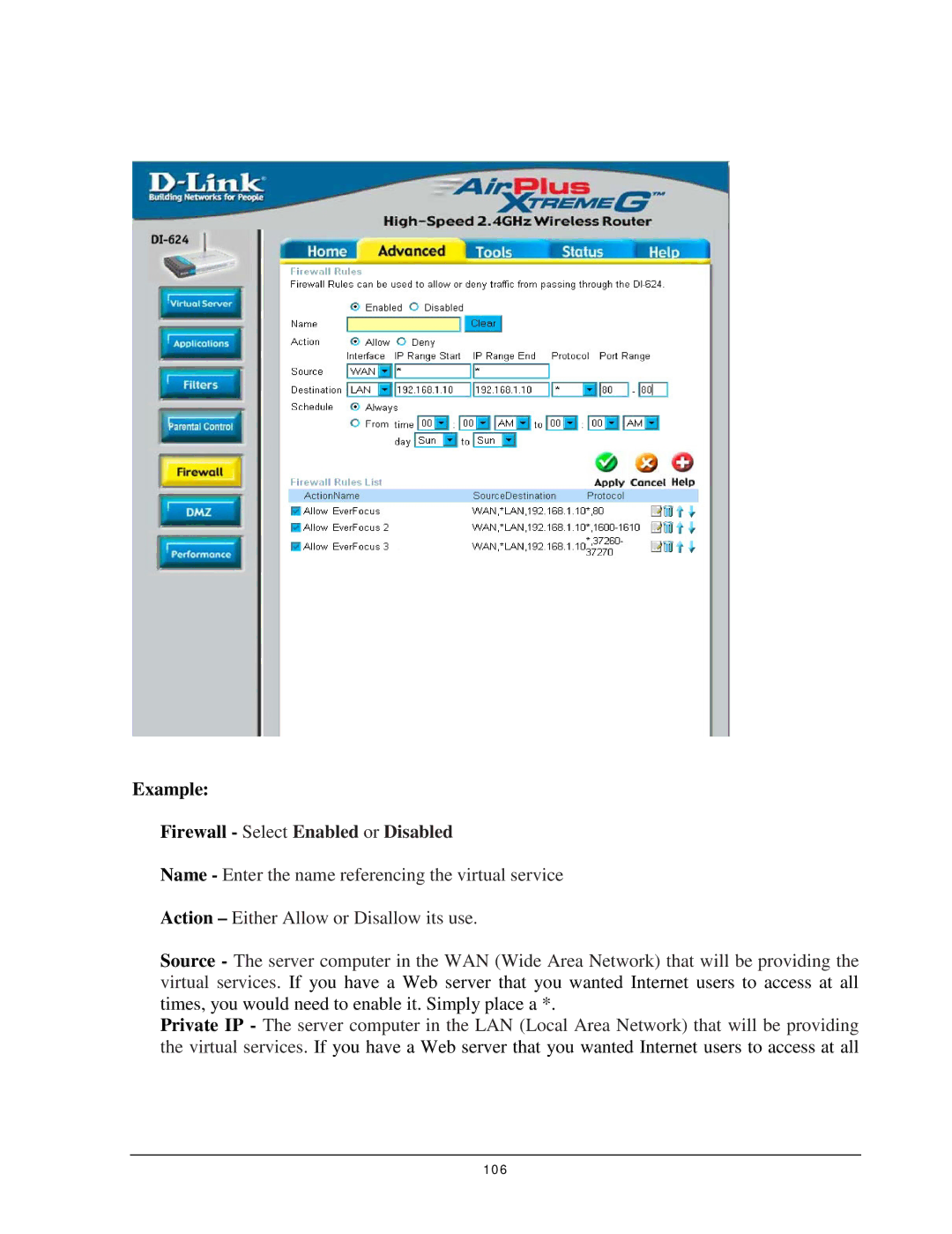 EverFocus EDR 410, EDR 810, EDSR 110, 920 instruction manual Example, Firewall Select Enabled or Disabled 