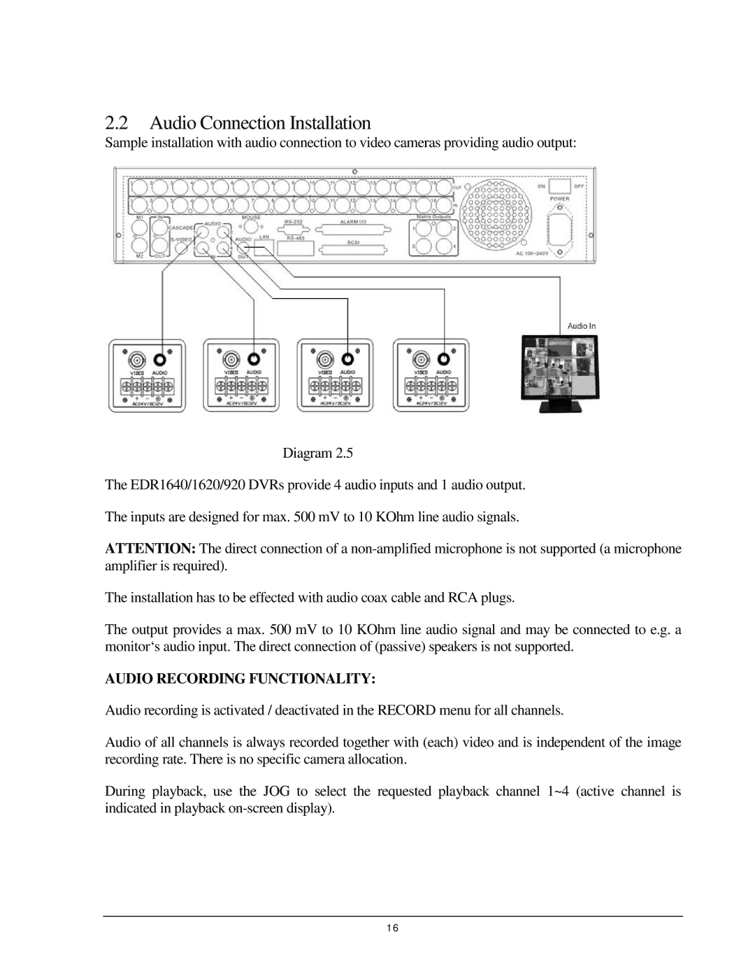 EverFocus EDSR 110, EDR 410, EDR 810, 920 instruction manual Audio Connection Installation, Audio Recording Functionality 