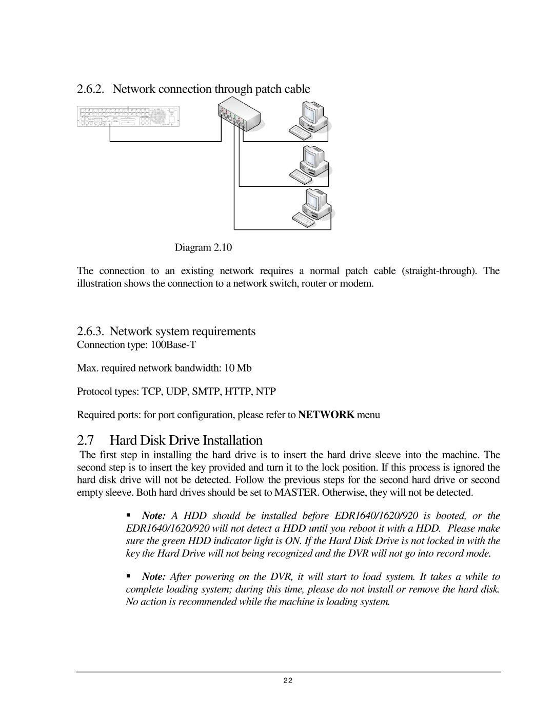 EverFocus EDR 410, EDR 810, EDSR 110, 920 Hard Disk Drive Installation, Network connection through patch cable 