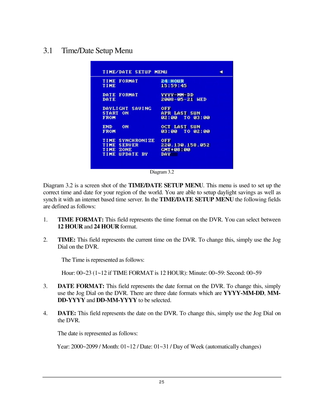 EverFocus 920, EDR 410, EDR 810, EDSR 110 instruction manual Time/Date Setup Menu 