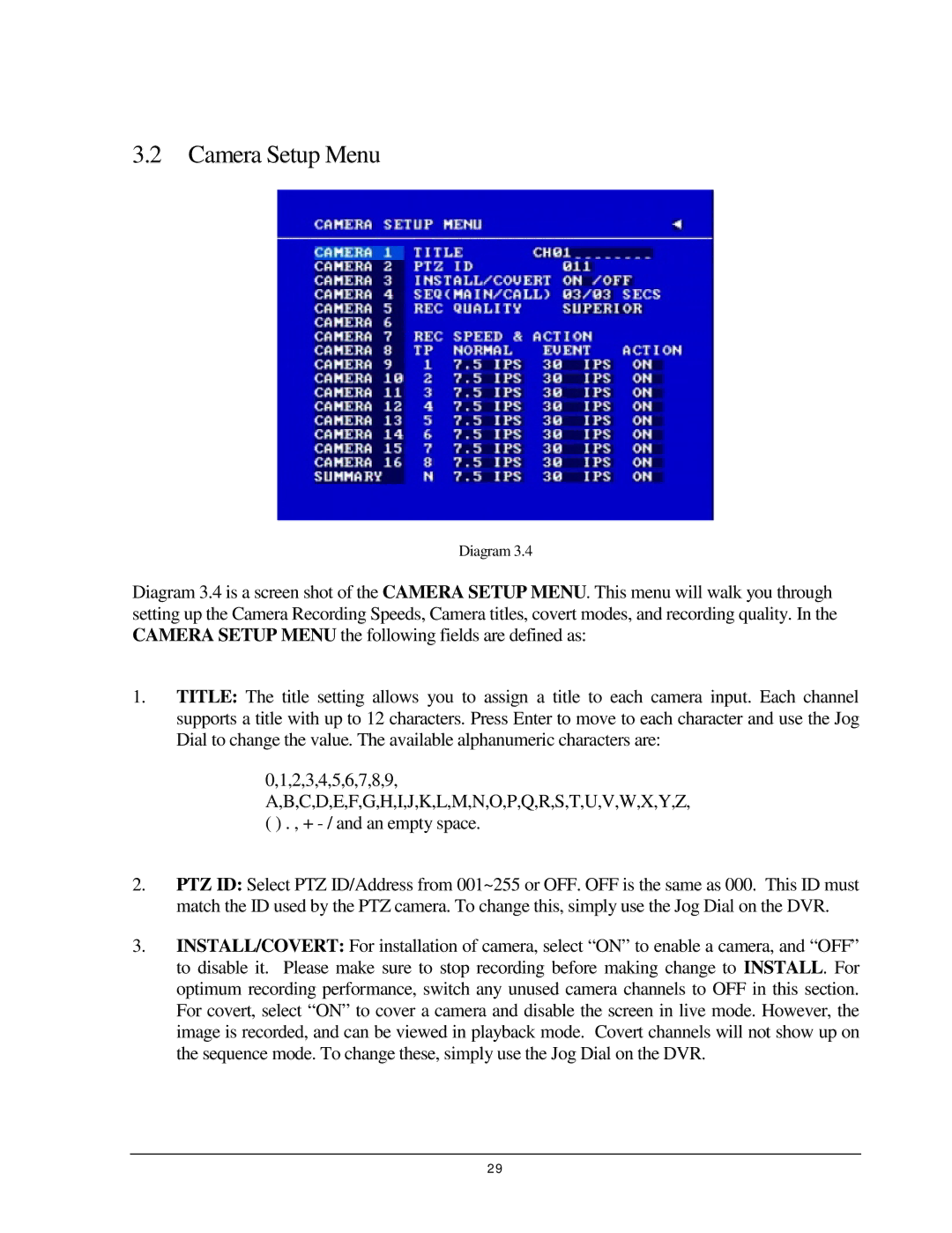 EverFocus 920, EDR 410, EDR 810, EDSR 110 instruction manual Camera Setup Menu 