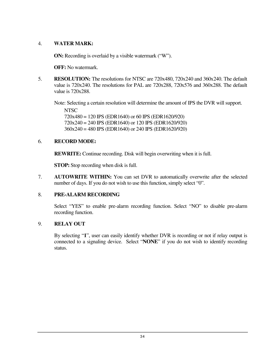 EverFocus EDR 410, EDR 810, EDSR 110, 920 instruction manual Water Mark, Record Mode, PRE-ALARM Recording, Relay OUT 