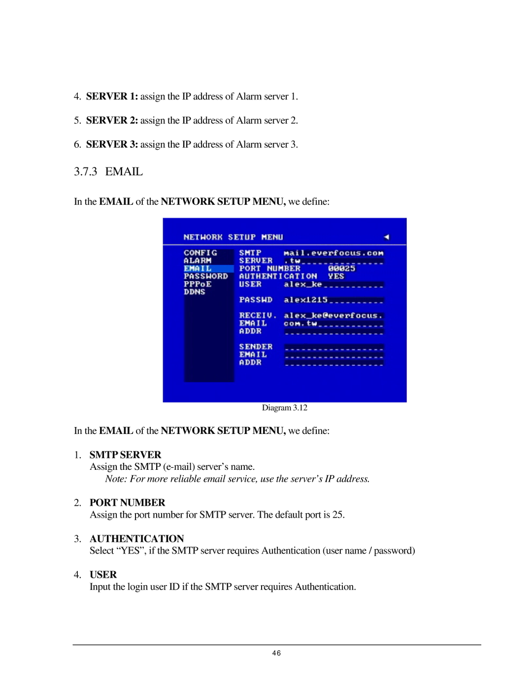 EverFocus EDR 410, EDR 810, 920 Email of the Network Setup MENU, we define, Smtp Server, Port Number, Authentication, User 