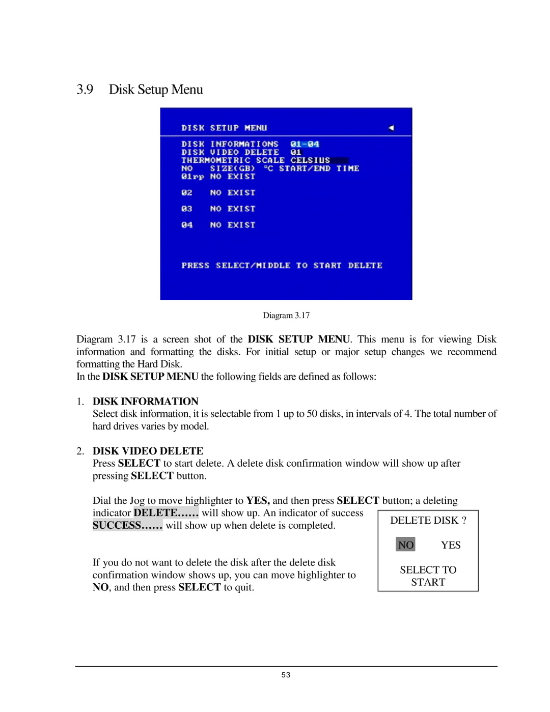 EverFocus 920, EDR 410, EDR 810, EDSR 110 Disk Setup Menu, Disk Information, Disk Video Delete, Delete……, Success…… 