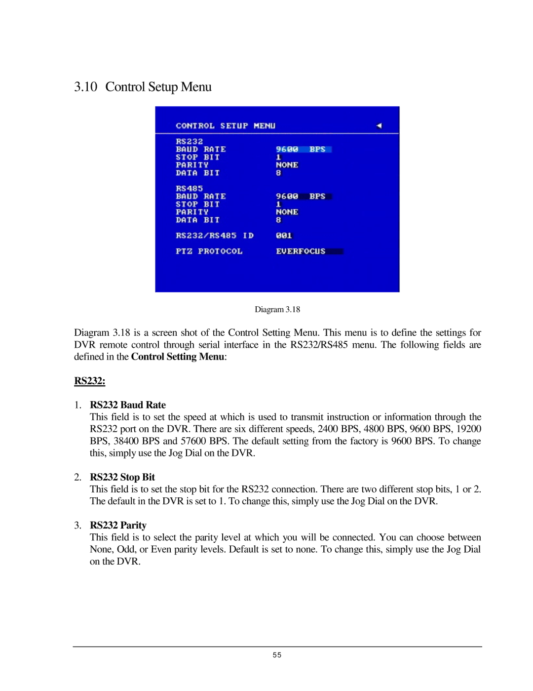 EverFocus EDR 810, EDR 410, EDSR 110, 920 Control Setup Menu, RS232 RS232 Baud Rate, RS232 Stop Bit, RS232 Parity 