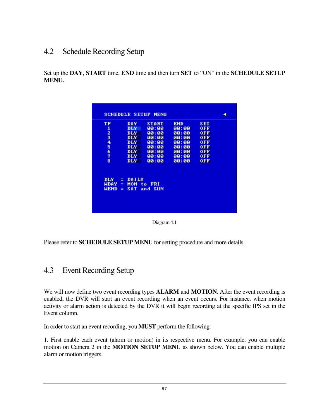 EverFocus EDR 810, EDR 410, EDSR 110, 920 instruction manual Schedule Recording Setup, Event Recording Setup, Menu 