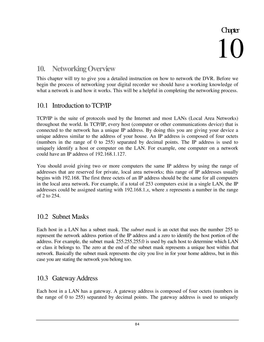 EverFocus EDSR 110, EDR 410, EDR 810, 920 Networking Overview, Introduction to TCP/IP, Subnet Masks, Gateway Address 