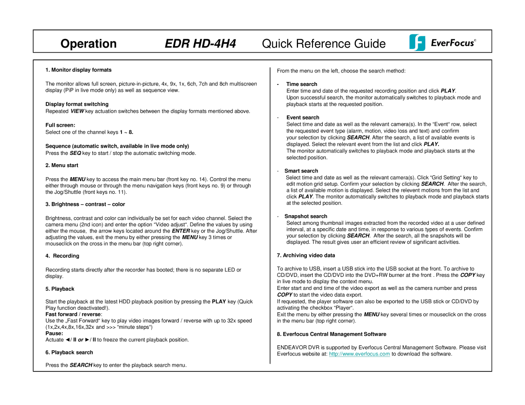 EverFocus EDR HD-4H4 Monitor display formats, Display format switching, Full screen, Menu start, Brightness contrast color 