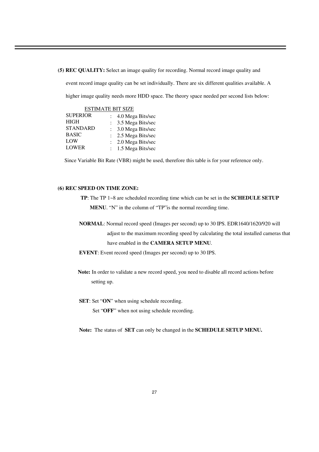 EverFocus EDR1620, EDR1640, EDR920 instruction manual Lower, REC Speed on Time Zone 