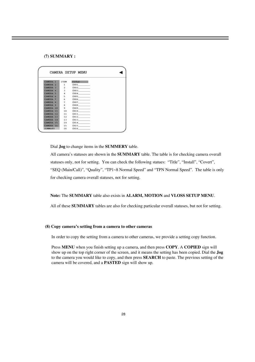 EverFocus EDR920, EDR1640, EDR1620 instruction manual Summary, Copy camera’s setting from a camera to other cameras 