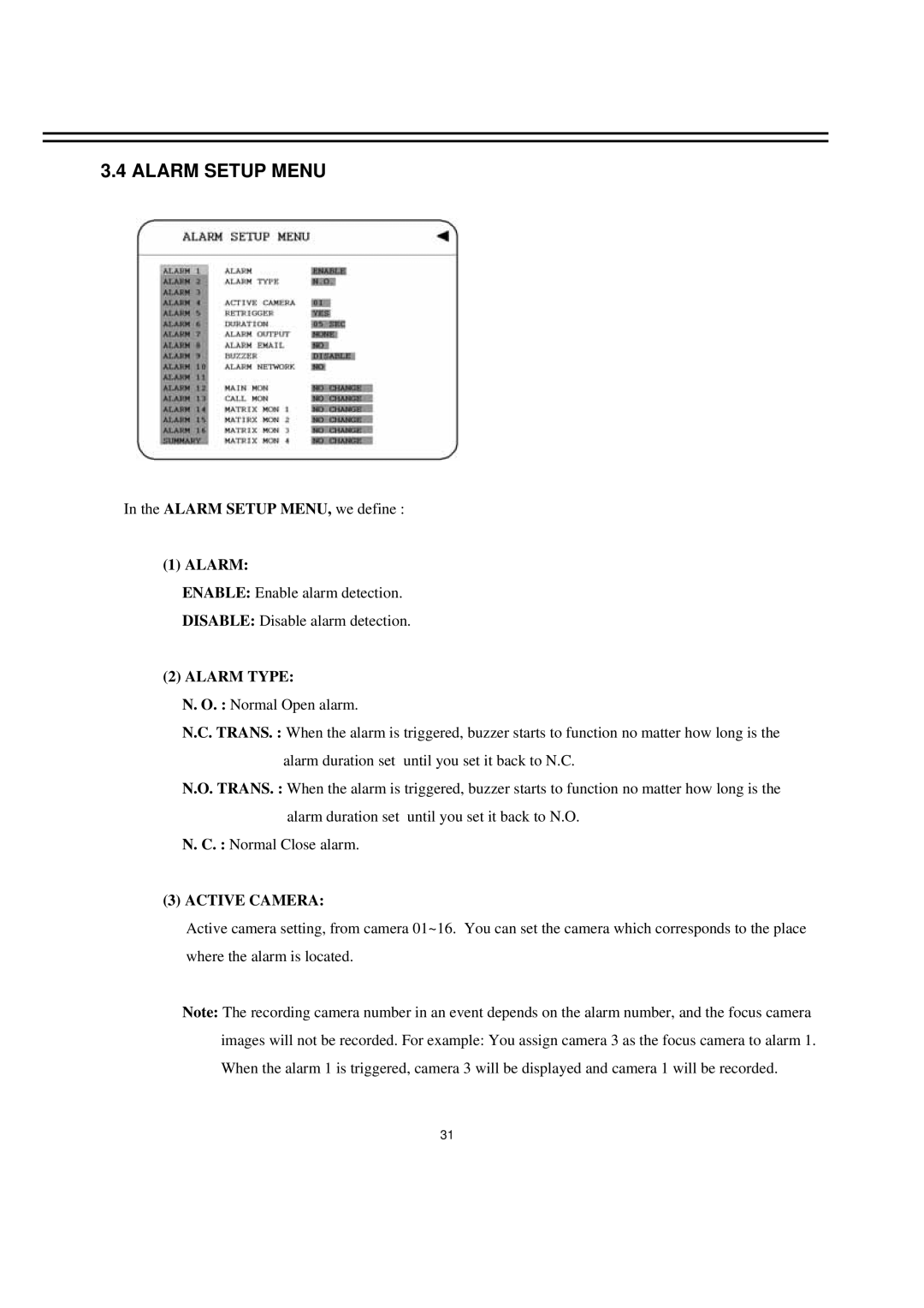 EverFocus EDR920, EDR1640, EDR1620 instruction manual Alarm Setup Menu, Alarm Type, Active Camera 