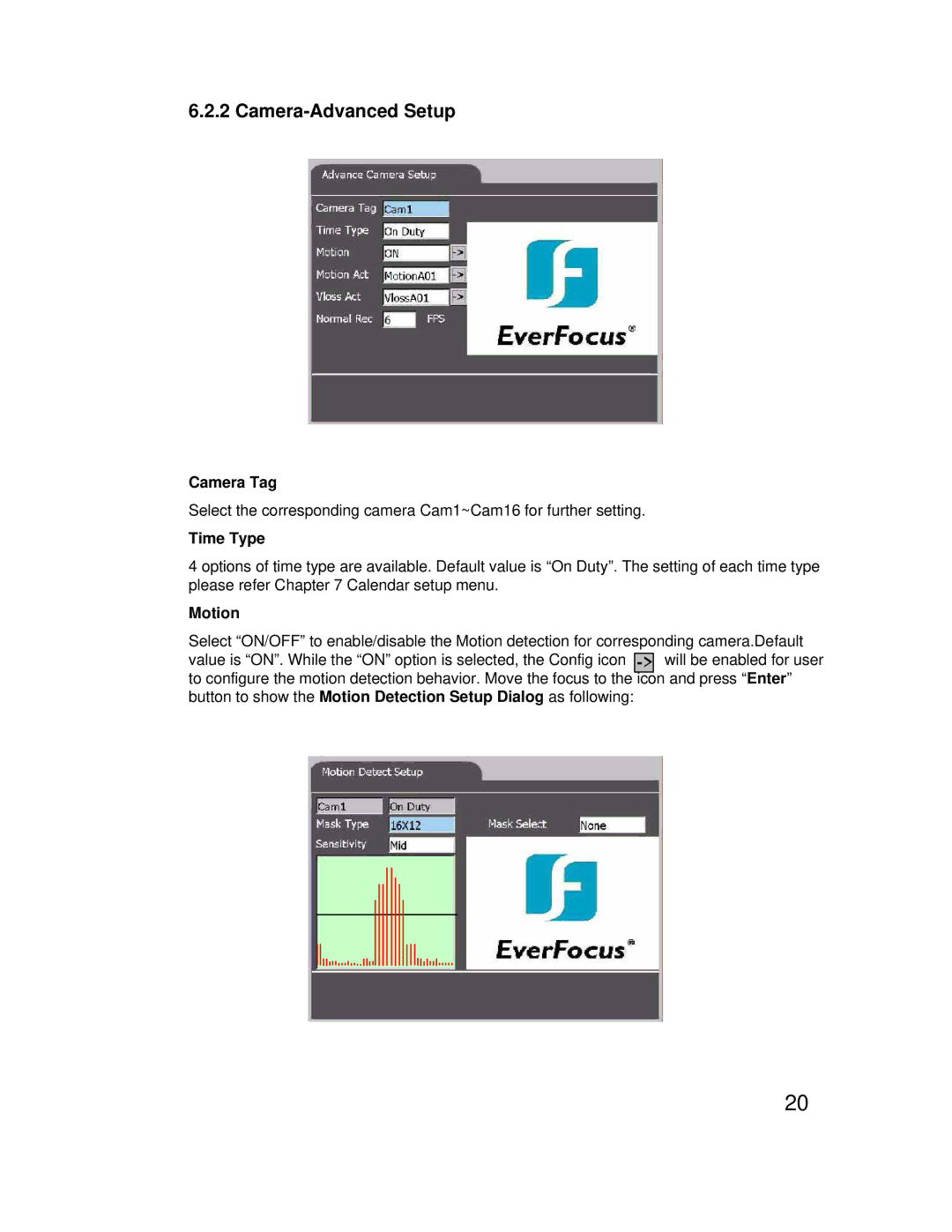 EverFocus eDR1680 Series operating instructions Camera-Advanced Setup, Time Type, Motion 