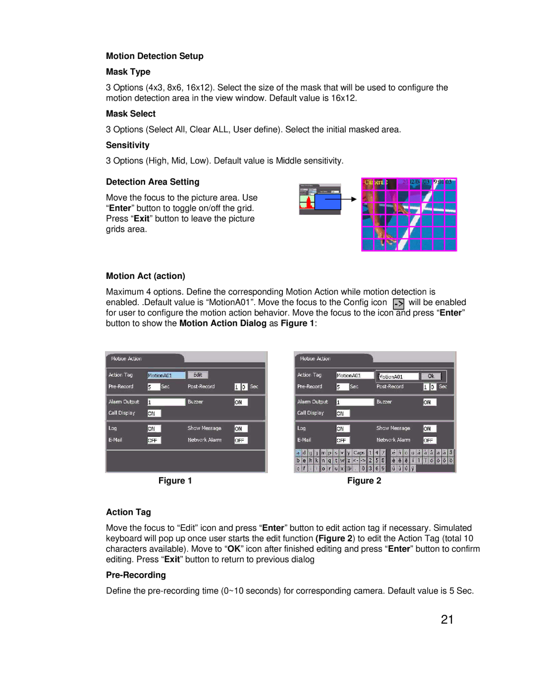 EverFocus eDR1680 Series Motion Detection Setup Mask Type, Mask Select, Sensitivity, Detection Area Setting, Action Tag 