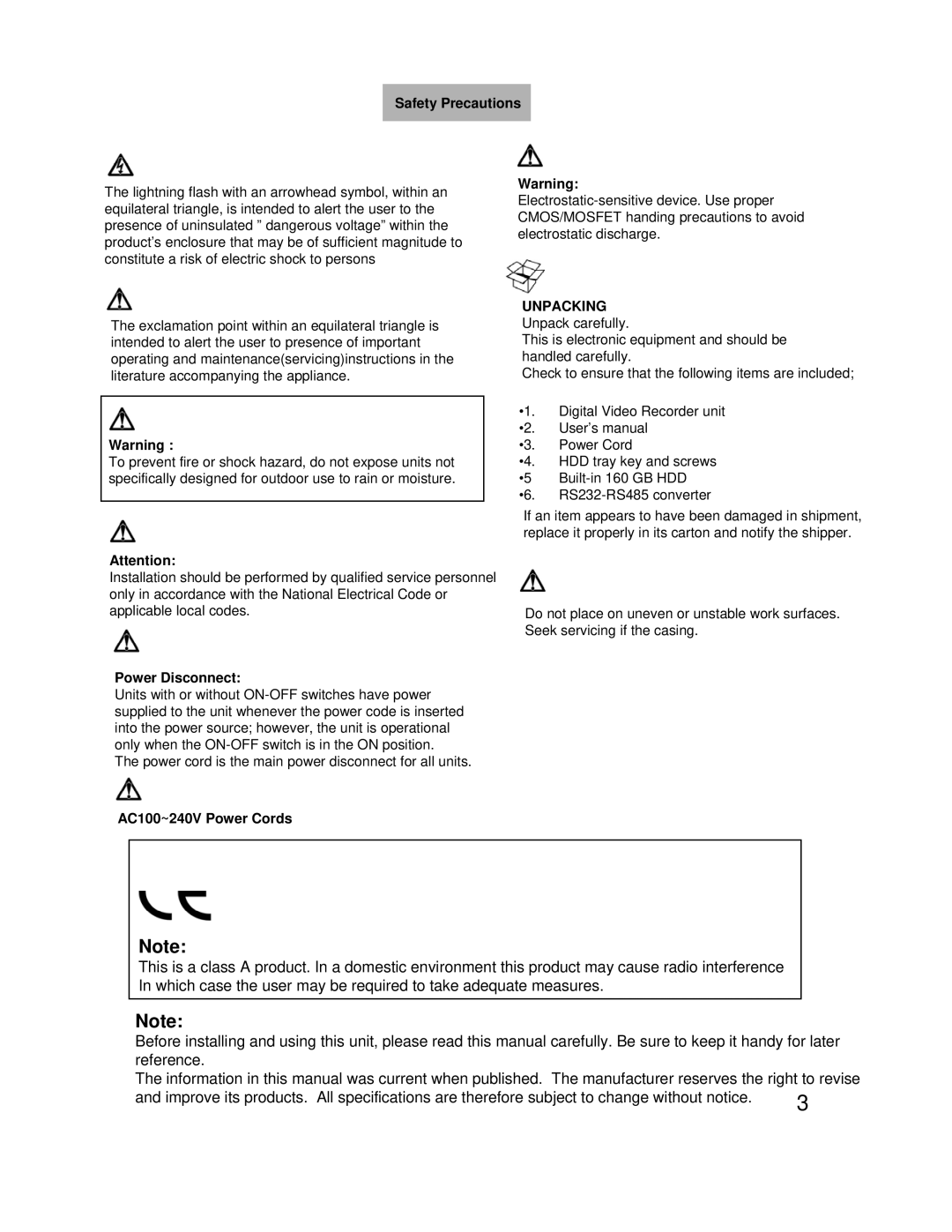 EverFocus eDR1680 Series operating instructions AC100~240V Power Cords 