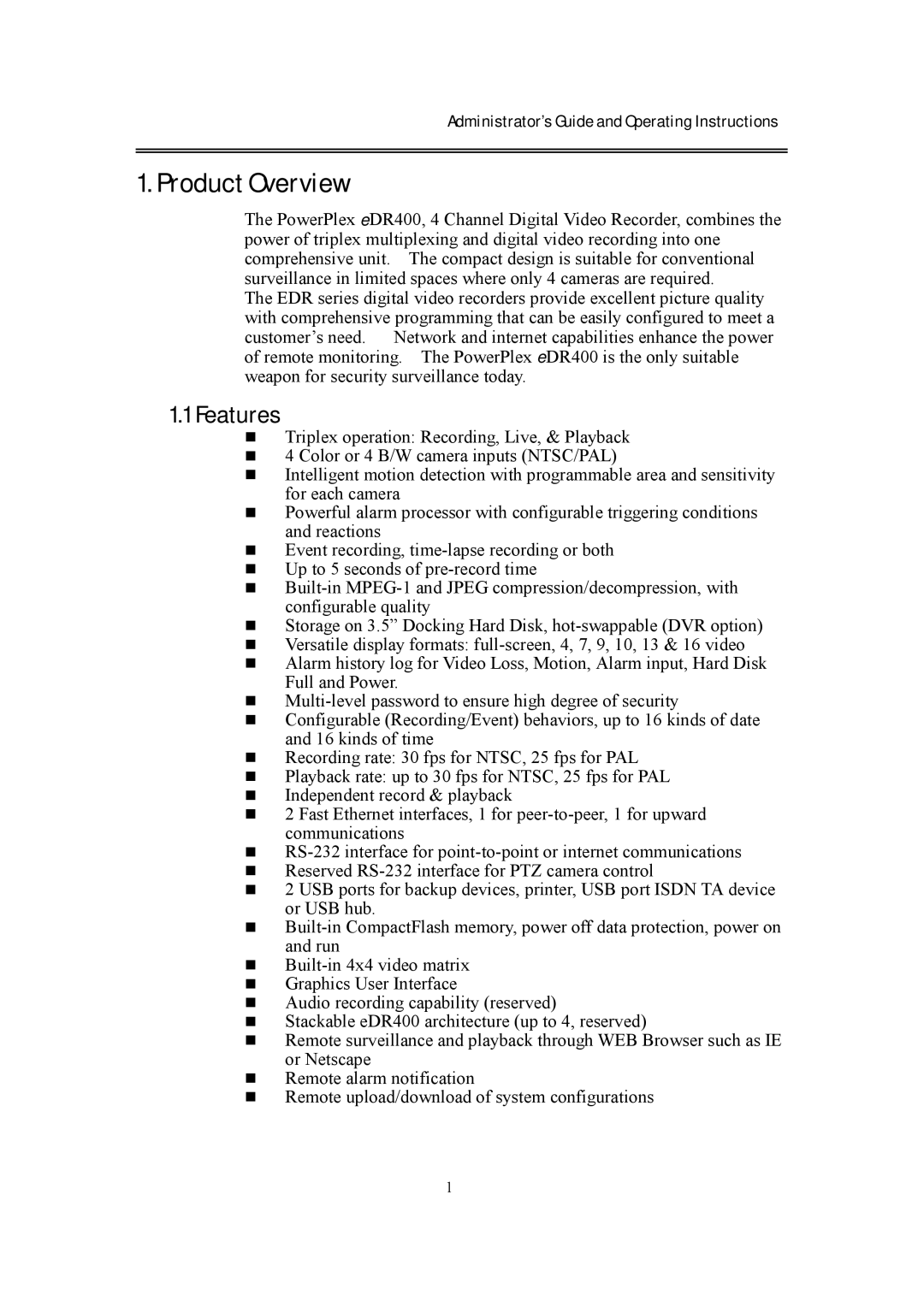 EverFocus eDR400 operating instructions Product Overview, Features 