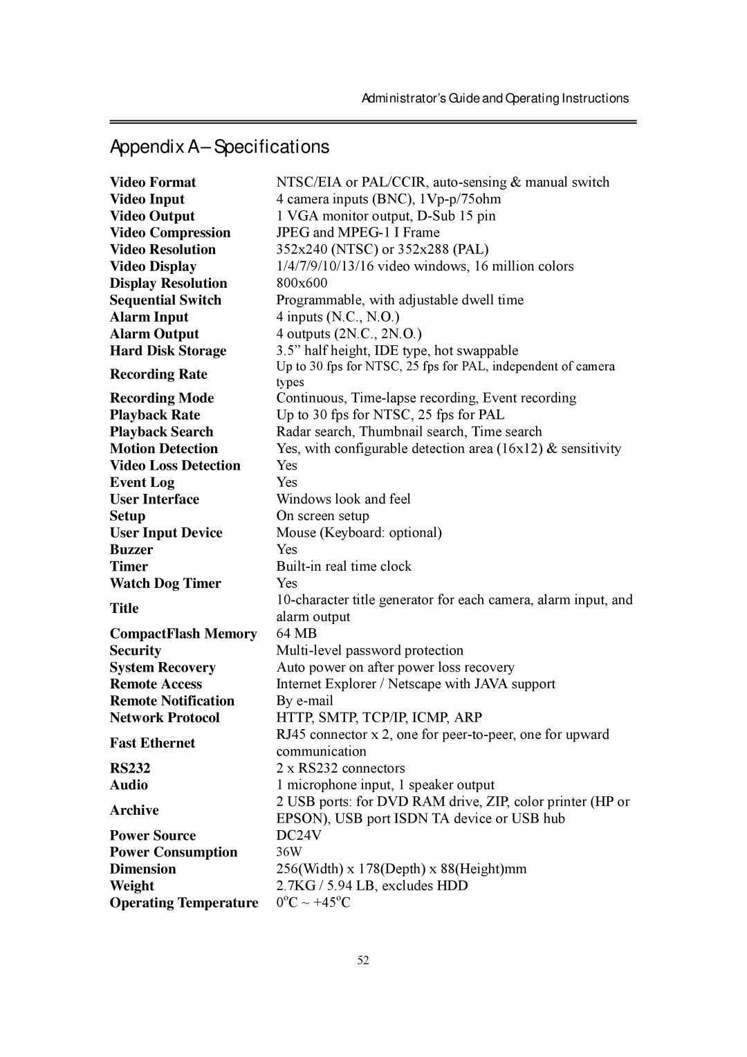 EverFocus eDR400 operating instructions Appendix a Specifications, Http, Smtp, Tcp/Ip, Icmp, Arp 