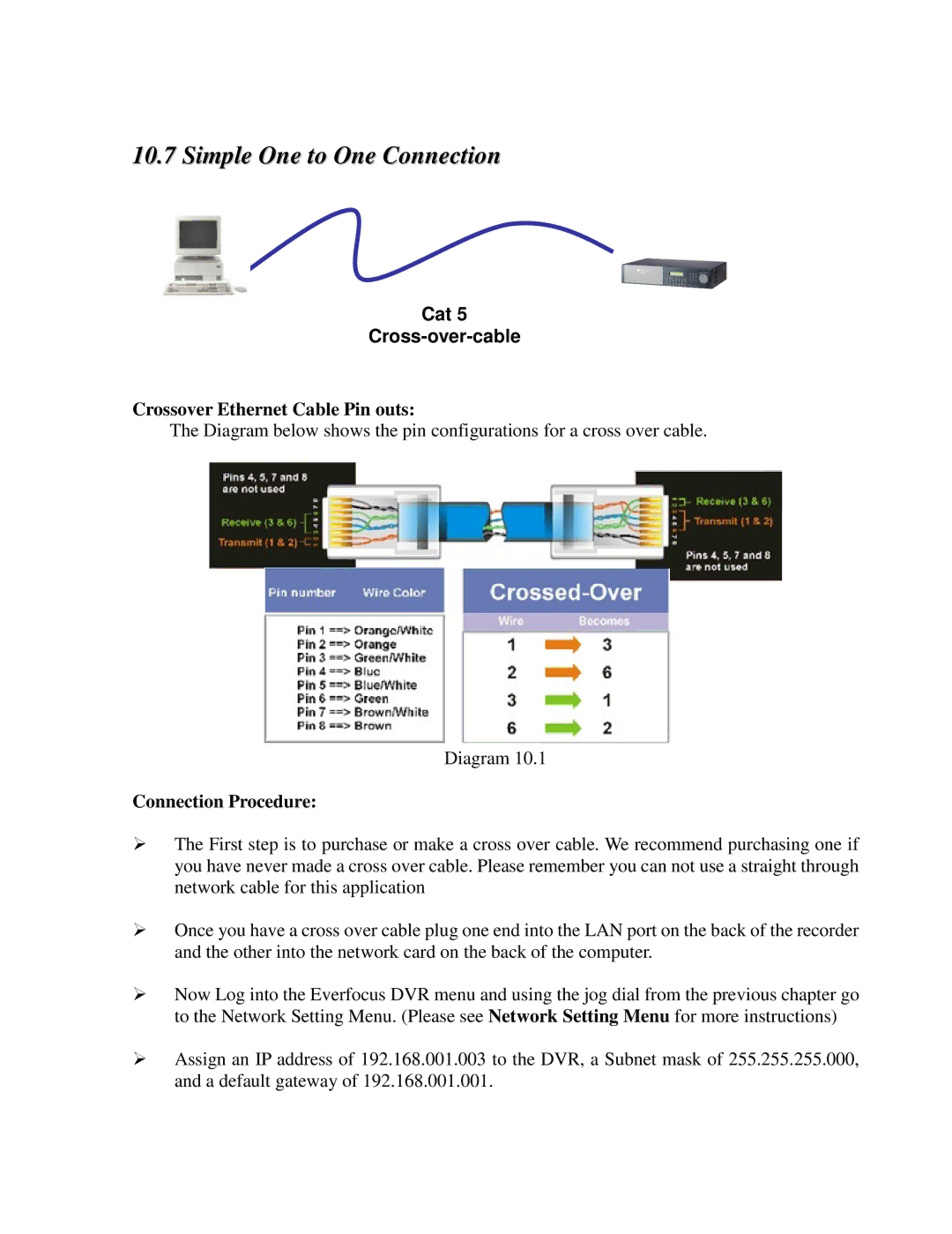 EverFocus EDR810H, EDR410H, EDR810M Simple One to One Connection, Crossover Ethernet Cable Pin outs, Connection Procedure 