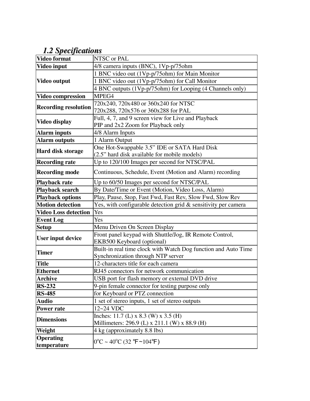 EverFocus EDR810H, EDR410H, EDR810M, EDR410M instruction manual Specifications 