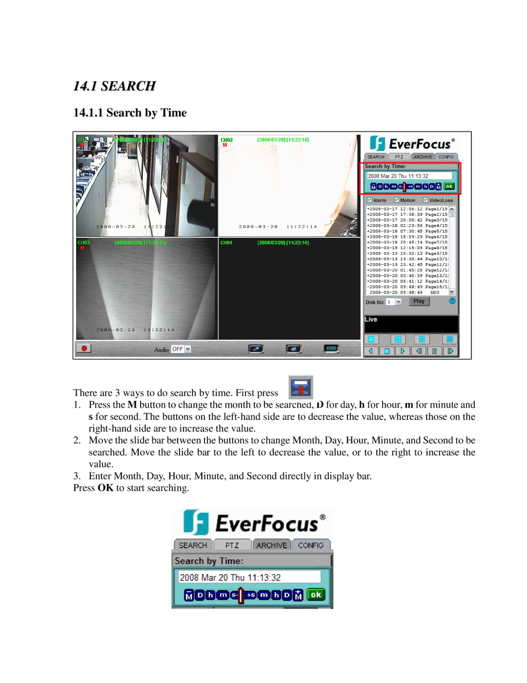 EverFocus EDR410M, EDR810H, EDR410H, EDR810M instruction manual Search by Time 