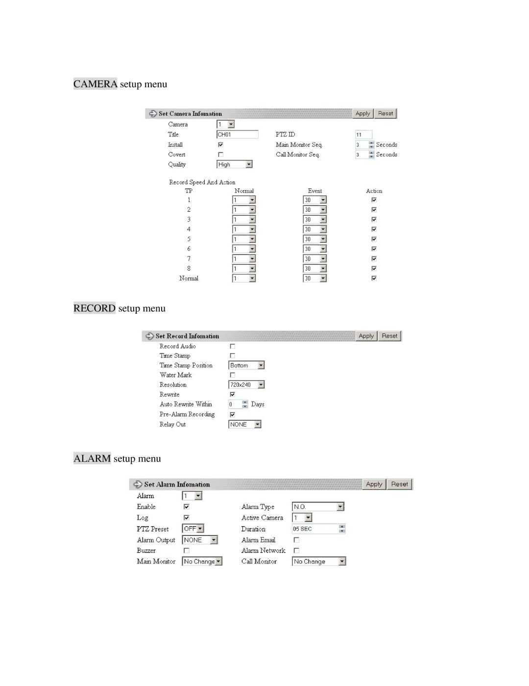 EverFocus EDR410H, EDR810H, EDR810M, EDR410M instruction manual Camera setup menu Record setup menu Alarm setup menu 